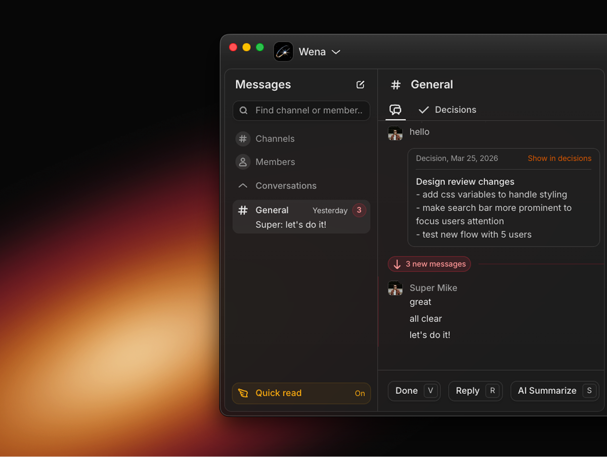 wena, team chat app for startups, snapshot of "quick read" mode