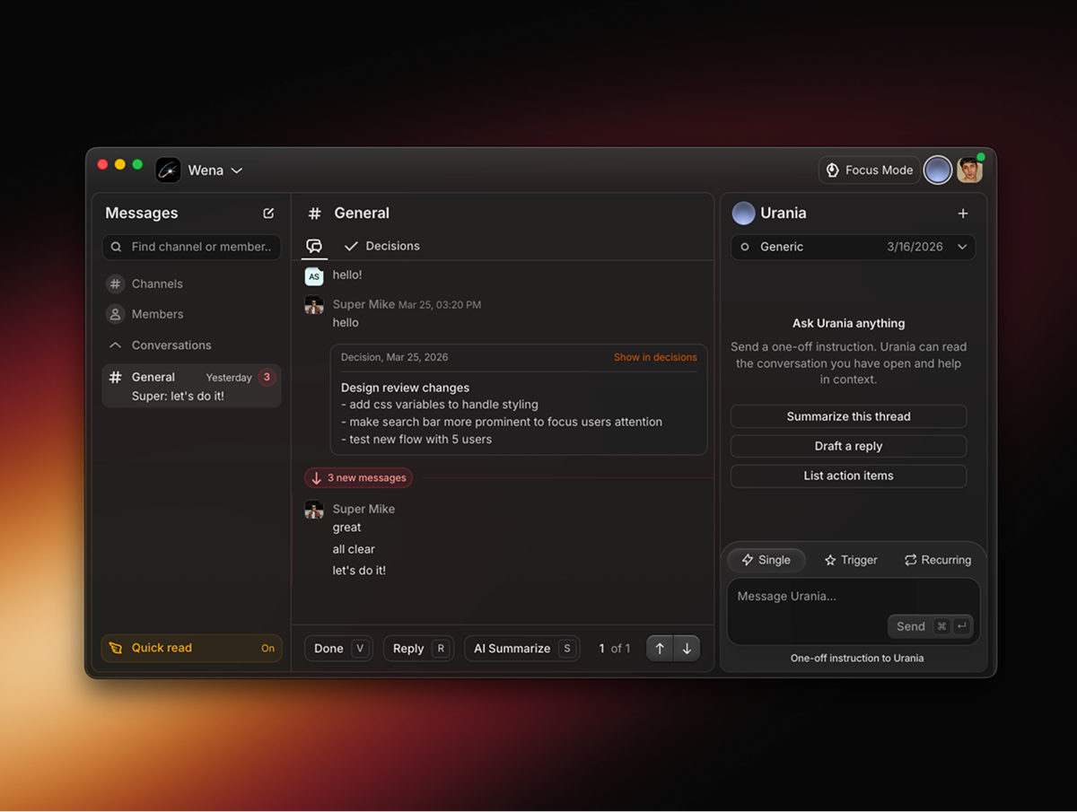 wena, team chat app for startups, full app snapshot